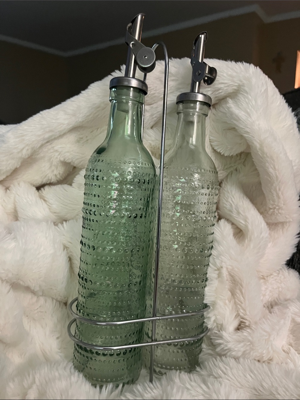Textured Green Glass Oil & Vinegar Bottle Set with Stainless Pourers